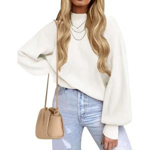 imageZESICA Womens Casual Turtleneck Long Lantern Sleeve Oversized Ribbed Knit Pullover Sweater Jumper TopWhite