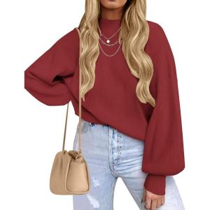imageZESICA Womens Casual Turtleneck Long Lantern Sleeve Oversized Ribbed Knit Pullover Sweater Jumper TopWine