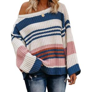 imageZESICA Womens Fall Long Sleeve Crew Neck Striped Color Block Casual Loose Knitted Pullover Sweater TopsBlue2