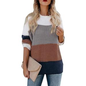 imageZESICA Womens Fall Long Sleeve Crew Neck Striped Color Block Casual Loose Knitted Pullover Sweater TopsBrown