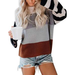 imageZESICA Womens Fall Long Sleeve Crew Neck Striped Color Block Casual Loose Knitted Pullover Sweater TopsGrey