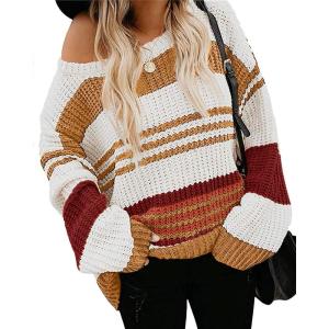 imageZESICA Womens Fall Long Sleeve Crew Neck Striped Color Block Casual Loose Knitted Pullover Sweater TopsMustard