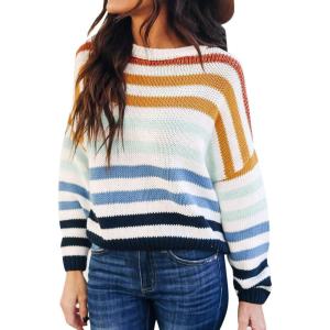 imageZESICA Womens Fall Long Sleeve Crew Neck Striped Color Block Casual Loose Knitted Pullover Sweater TopsNavy