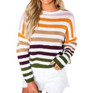 imageZESICA Womens Fall Long Sleeve Crew Neck Striped Color Block Casual Loose Knitted Pullover Sweater TopsOrange