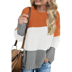 imageZESICA Womens Fall Long Sleeve Crew Neck Striped Color Block Casual Loose Knitted Pullover Sweater TopsOrangewhite