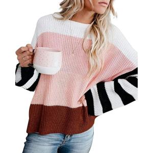 imageZESICA Womens Fall Long Sleeve Crew Neck Striped Color Block Casual Loose Knitted Pullover Sweater TopsPink
