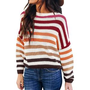 imageZESICA Womens Fall Long Sleeve Crew Neck Striped Color Block Casual Loose Knitted Pullover Sweater TopsRed