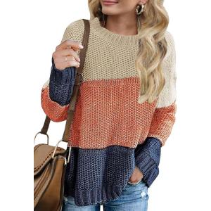 imageZESICA Womens Fall Long Sleeve Crew Neck Striped Color Block Casual Loose Knitted Pullover Sweater TopsTan