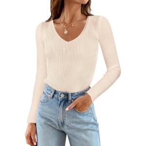 imageZESICA Womens Fall Long Sleeve V Neck T Shirts Ribbed Knit Sweater Slim Fit Solid Basic Casual Tee TopsApricot