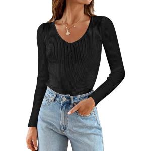 imageZESICA Womens Fall Long Sleeve V Neck T Shirts Ribbed Knit Sweater Slim Fit Solid Basic Casual Tee TopsBlack