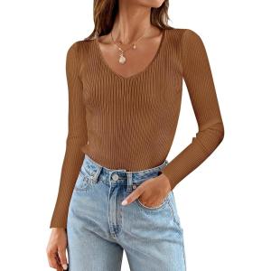 imageZESICA Womens Fall Long Sleeve V Neck T Shirts Ribbed Knit Sweater Slim Fit Solid Basic Casual Tee TopsBrown
