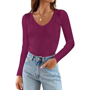 imageZESICA Womens Fall Long Sleeve V Neck T Shirts Ribbed Knit Sweater Slim Fit Solid Basic Casual Tee TopsEggplant