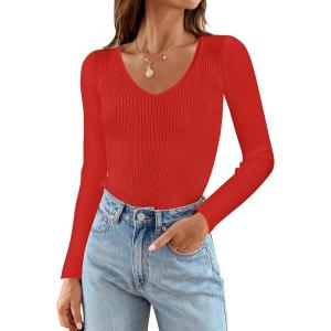 imageZESICA Womens Fall Long Sleeve V Neck T Shirts Ribbed Knit Sweater Slim Fit Solid Basic Casual Tee TopsFirered