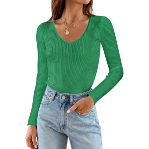 imageZESICA Womens Fall Long Sleeve V Neck T Shirts Ribbed Knit Sweater Slim Fit Solid Basic Casual Tee TopsGreen
