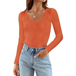imageZESICA Womens Fall Long Sleeve V Neck T Shirts Ribbed Knit Sweater Slim Fit Solid Basic Casual Tee TopsOrange