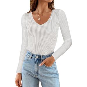 imageZESICA Womens Fall Long Sleeve V Neck T Shirts Ribbed Knit Sweater Slim Fit Solid Basic Casual Tee TopsWhite