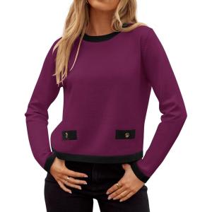 imageZESICA Womens Fall Sweaters 2025 Long Sleeve Crewneck Knit Color Block Lightweight Pullover Tops ClothesEggplant