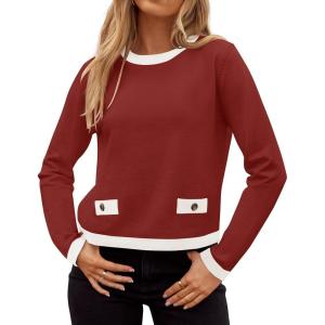 imageZESICA Womens Fall Sweaters 2025 Long Sleeve Crewneck Knit Color Block Lightweight Pullover Tops ClothesRust