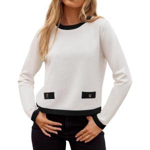 imageZESICA Womens Fall Sweaters 2025 Long Sleeve Crewneck Knit Color Block Lightweight Pullover Tops ClothesWhite