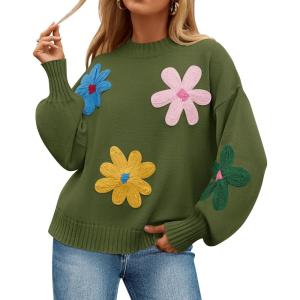 imageZESICA Womens Long Puff Sleeve Sweaters Casual Crewneck Ribbed Knit Flower Color Block Loose Pullover TopsGreen