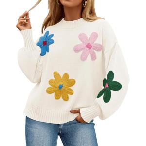 imageZESICA Womens Long Puff Sleeve Sweaters Casual Crewneck Ribbed Knit Flower Color Block Loose Pullover TopsIvory