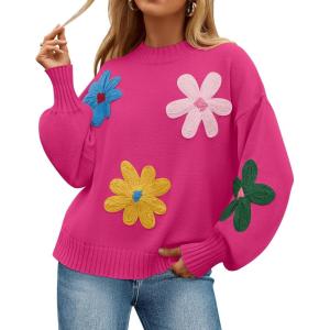 imageZESICA Womens Long Puff Sleeve Sweaters Casual Crewneck Ribbed Knit Flower Color Block Loose Pullover TopsRose