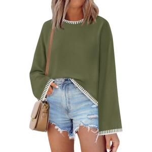 imageZESICA Womens Oversized Long Sleeve Sweaters Fall Crewneck Color Block Loose Ribbed Knit Pullover TopsArmygreen