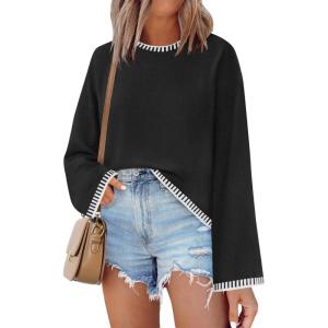 imageZESICA Womens Oversized Long Sleeve Sweaters Fall Crewneck Color Block Loose Ribbed Knit Pullover TopsBlack