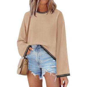 imageZESICA Womens Oversized Long Sleeve Sweaters Fall Crewneck Color Block Loose Ribbed Knit Pullover TopsCamel