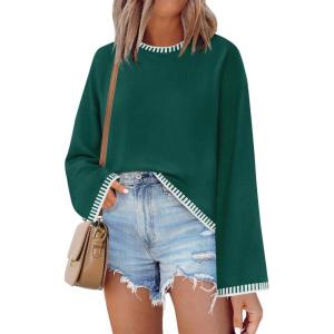 imageZESICA Womens Oversized Long Sleeve Sweaters Fall Crewneck Color Block Loose Ribbed Knit Pullover TopsDarkgreen