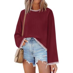 imageZESICA Womens Oversized Long Sleeve Sweaters Fall Crewneck Color Block Loose Ribbed Knit Pullover TopsDarkred