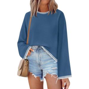 imageZESICA Womens Oversized Long Sleeve Sweaters Fall Crewneck Color Block Loose Ribbed Knit Pullover TopsDustyblue