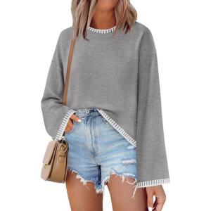 imageZESICA Womens Oversized Long Sleeve Sweaters Fall Crewneck Color Block Loose Ribbed Knit Pullover TopsGrey