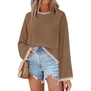 imageZESICA Womens Oversized Long Sleeve Sweaters Fall Crewneck Color Block Loose Ribbed Knit Pullover TopsKhaki