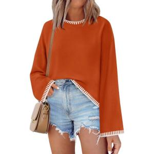 imageZESICA Womens Oversized Long Sleeve Sweaters Fall Crewneck Color Block Loose Ribbed Knit Pullover TopsOrange