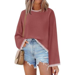 imageZESICA Womens Oversized Long Sleeve Sweaters Fall Crewneck Color Block Loose Ribbed Knit Pullover TopsRust