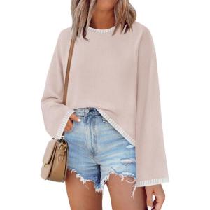 imageZESICA Womens Oversized Long Sleeve Sweaters Fall Crewneck Color Block Loose Ribbed Knit Pullover TopsSand