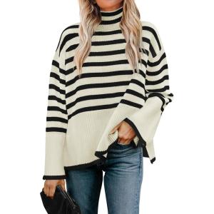imageZESICA Womens Winter Sweaters Casual Turtleneck Long Sleeve Striped Side Slit Loose Pullover Sweater Jumper TopsApricot