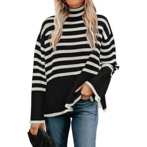 imageZESICA Womens Winter Sweaters Casual Turtleneck Long Sleeve Striped Side Slit Loose Pullover Sweater Jumper TopsBlack