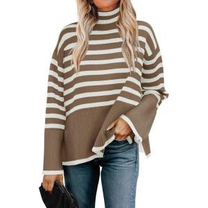 imageZESICA Womens Winter Sweaters Casual Turtleneck Long Sleeve Striped Side Slit Loose Pullover Sweater Jumper TopsBrown
