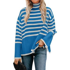 imageZESICA Womens Winter Sweaters Casual Turtleneck Long Sleeve Striped Side Slit Loose Pullover Sweater Jumper TopsCobaltblue