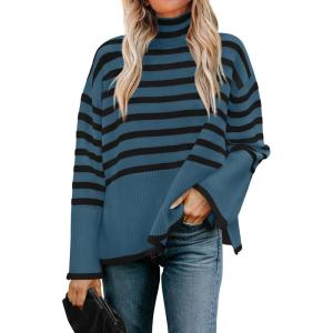 imageZESICA Womens Winter Sweaters Casual Turtleneck Long Sleeve Striped Side Slit Loose Pullover Sweater Jumper TopsDustyblue