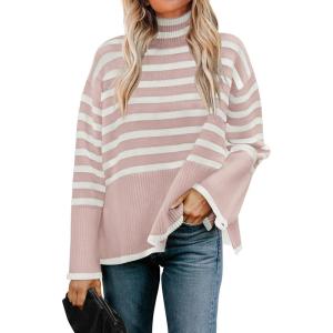 imageZESICA Womens Winter Sweaters Casual Turtleneck Long Sleeve Striped Side Slit Loose Pullover Sweater Jumper TopsDustypink