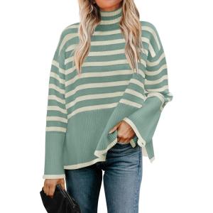 imageZESICA Womens Winter Sweaters Casual Turtleneck Long Sleeve Striped Side Slit Loose Pullover Sweater Jumper TopsLake
