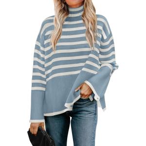 imageZESICA Womens Winter Sweaters Casual Turtleneck Long Sleeve Striped Side Slit Loose Pullover Sweater Jumper TopsLightblue