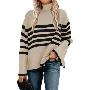 imageZESICA Womens Winter Sweaters Casual Turtleneck Long Sleeve Striped Side Slit Loose Pullover Sweater Jumper TopsNatural