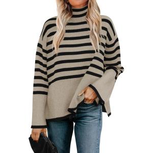 imageZESICA Womens Winter Sweaters Casual Turtleneck Long Sleeve Striped Side Slit Loose Pullover Sweater Jumper TopsOats