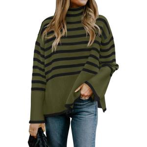 imageZESICA Womens Winter Sweaters Casual Turtleneck Long Sleeve Striped Side Slit Loose Pullover Sweater Jumper TopsOlive