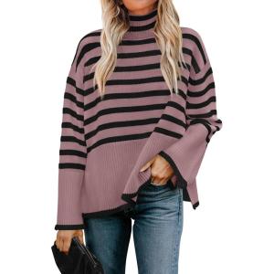 imageZESICA Womens Winter Sweaters Casual Turtleneck Long Sleeve Striped Side Slit Loose Pullover Sweater Jumper TopsPurple