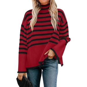 imageZESICA Womens Winter Sweaters Casual Turtleneck Long Sleeve Striped Side Slit Loose Pullover Sweater Jumper TopsRed